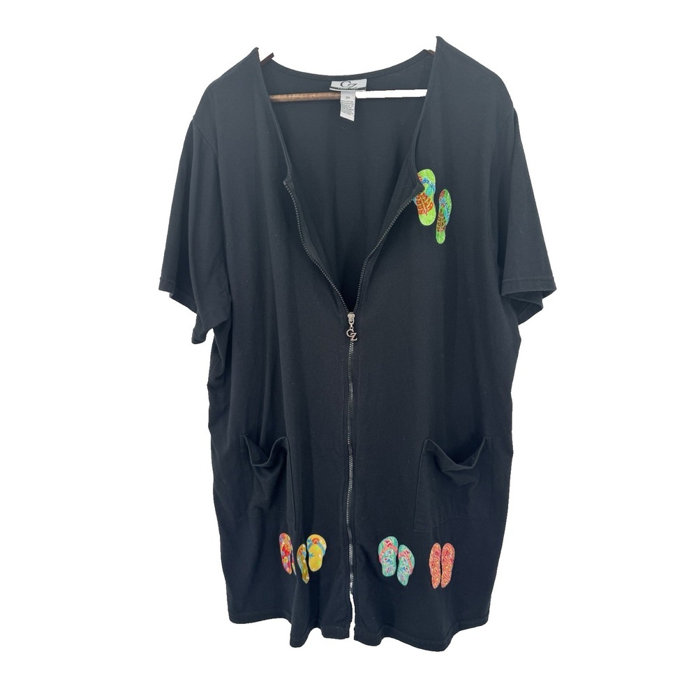 Beach Cabana Swim Cover Up Black Zip Up Pockets 3X sequins flip flops resort